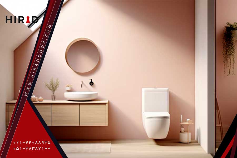 فضای یک سرویس بهداشتی مدرن با توالت فرنگی وال هنگ با تم کاشی و سرامیک صورتی روشن